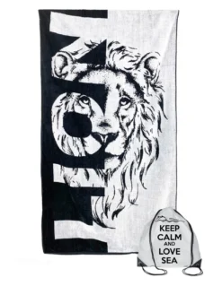 TELO MARE in spugna puro cotone LION misura grande cm. 90 X 170 e zaino spiaggia