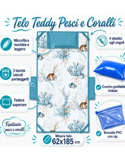 Telo Teddy Coralli e Pesci Telo Mare Lettino 62x185 in Microfibra con Tasche, Elastici e Cuscino
