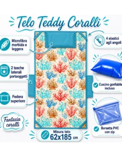Telo Teddy Coralli Telo Mare Lettino 62x185 in Microfibra con Tasche, Elastici e Cuscino Gonfiabile