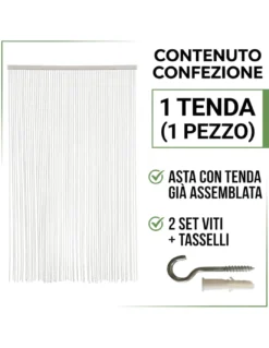 Tenda a Fili con Perline Bianche per Porta e Finestra – Asta PVC e Fili in Poliestere Decorativi