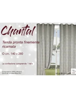 Tenda Chantal Grigia Ricamata Fiori Bianchi - Semitrasparente 140x280 cm Poliestere - Con Anelli Acciaio