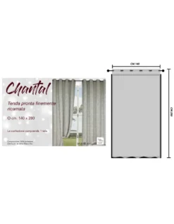Tenda Chantal Grigia Ricamata Fiori Bianchi - Semitrasparente 140x280 cm Poliestere - Con Anelli Acciaio