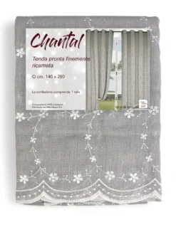 Tenda Chantal Grigia Ricamata Fiori Bianchi - Semitrasparente 140x280 cm Poliestere - Con Anelli Acciaio