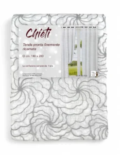 Tenda Chieti Ricamata con Anelli - 140x280 cm Tessuto Grigio - Elegante Motivo Floreale, Pronta all'Uso
