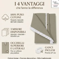 Tenda da Sole 100% Puro Cotone Beige con Occhielli Superiori e Laterali