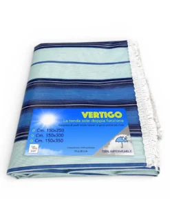 Tenda da Sole Vertigo Tex Family Righino Blu 100% Poliestere Impermeabile Idrorepellente Tinto Filo Occhielli Acciaio Frangia