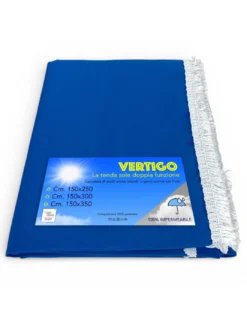 Tenda da Sole Vertigo Tex Family Bluette Unito 100% Poliestere Impermeabile Idrorepellente Tinto Filo Occhielli Acciaio Frangia