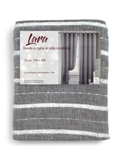 Tenda Lara Grigia a Righe - Stile Moderno - Poliestere Semitrasparente - Con Anelli in Acciaio - 140x300 cm