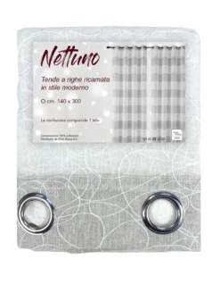 Tenda Nettuno Ricamata a Righe 140x300 cm Beige con Lurex- Stile Moderno - Poliestere Semitrasparente con Anelli​