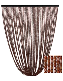 Tenda Perline Legno Marrone Handmade Natura - Fili Bamboo 100% Naturale - Asta Nera - Uso Interno - Decorazione Porta