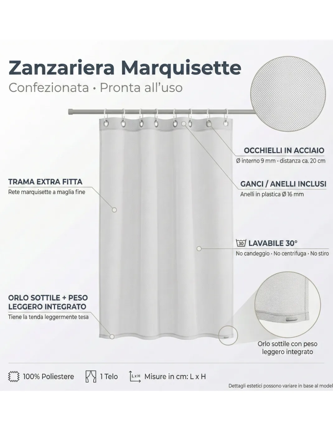 TENDA rete ZANZARIERA MARQUISETTE da esterno piombata in 8 misure diverse unito BEIGE