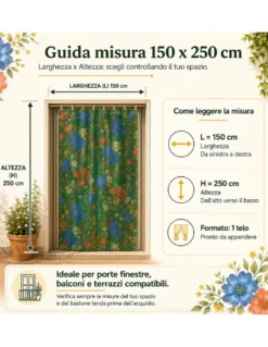 Tenda Zanzariera Floreale Verde 150x250 cm per Porta Finestra, Rete Anti Insetti 100% Poliestere con Occhielli e Ganci