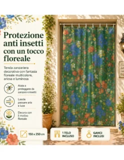 Tenda Zanzariera Floreale Verde 150x250 cm per Porta Finestra, Rete Anti Insetti 100% Poliestere con Occhielli e Ganci