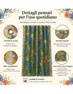 Tenda Zanzariera Floreale Verde 150x250 cm per Porta Finestra, Rete Anti Insetti 100% Poliestere con Occhielli e Ganci