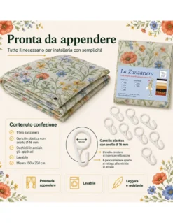 Tenda Zanzariera Papaveri 150x250 cm, Rete Anti Insetti 100% Poliestere, Occhielli Acciaio, Ganci Inclusi
