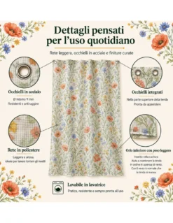 Tenda Zanzariera Papaveri 150x250 cm, Rete Anti Insetti 100% Poliestere, Occhielli Acciaio, Ganci Inclusi