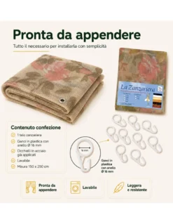 Tenda Zanzariera Sanderson 150x250 cm, Rete Anti Insetti 100% Poliestere, Occhielli Acciaio, Ganci Inclusi