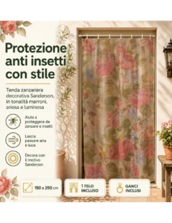 Tenda Zanzariera Sanderson 150x250 cm, Rete Anti Insetti 100% Poliestere, Occhielli Acciaio, Ganci Inclusi