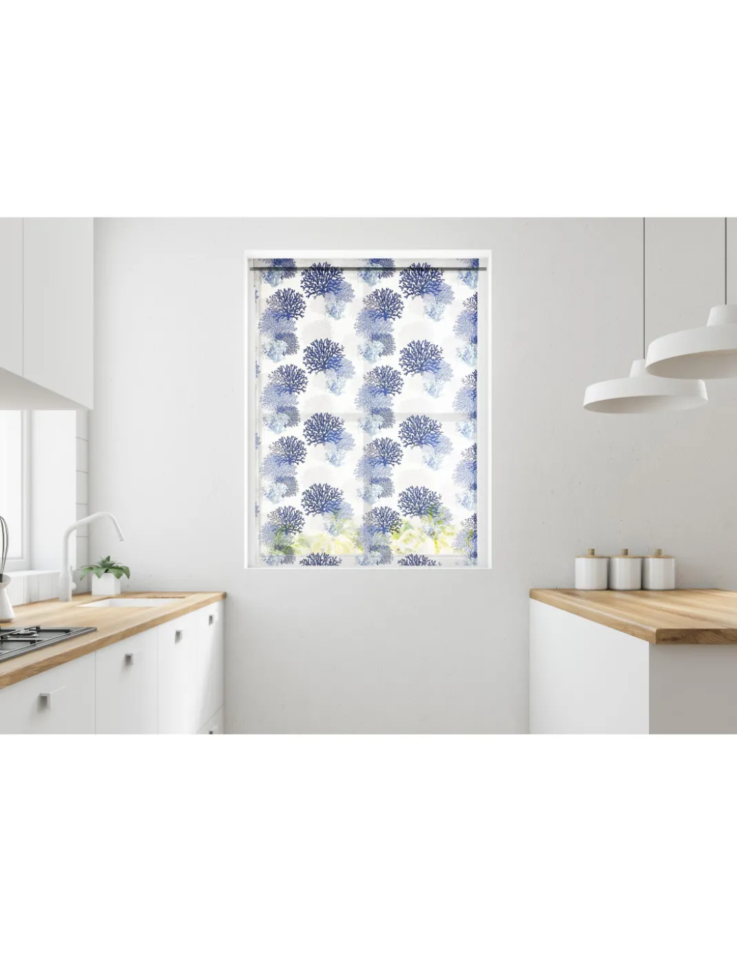TENDINA vetro MODERNA larga 45 o 60 o 80 CORALLI BLU misto lino Made in Italy