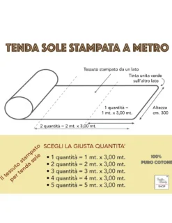 TESSUTO tenda SOLE STAMPATO con PAPAVERI e VERDE UNITO da un Lato da esterno GIARDINO balcone A METRO altezza cm. 300
