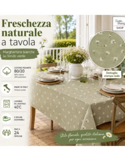Tovaglia Dory Margheritine su Fondo Verde in Cotone Pesante 80/20 Made in Italy