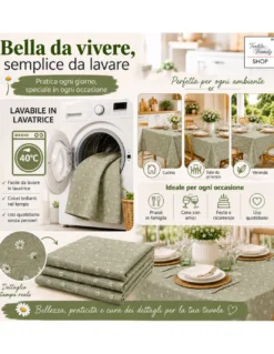 Tovaglia Dory Margheritine su Fondo Verde in Cotone Pesante 80/20 Made in Italy