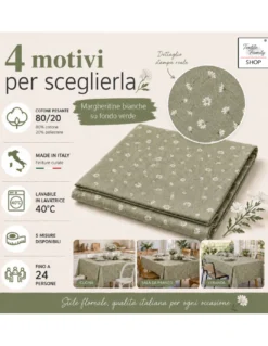 Tovaglia Dory Margheritine su Fondo Verde in Cotone Pesante 80/20 Made in Italy