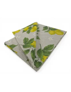 Tovaglia Dory Sorisole Tex Family, cotone pesante 80/20, stampa limoni e foglie su fondo greige, 5 misure