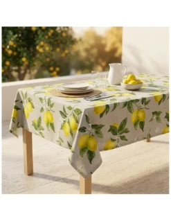 Tovaglia Dory Sorisole Tex Family, cotone pesante 80/20, stampa limoni e foglie su fondo greige, 5 misure