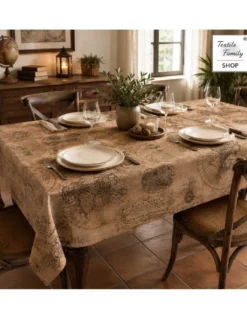 Tovaglia Mondo Marrone in Cotone, Fantasia Mappe Antiche Vintage, Made in Italy