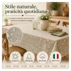 Tovaglia Resinata Antimacchia con Margherite Bianche su Fondo Beige, Impermeabile 80% Cotone Made in Italy