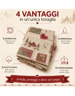Tovaglia Resinata Antimacchia “Valbadia” Rosso/Beige Shabby Chic, Impermeabile, 80% Cotone, Made in Italy