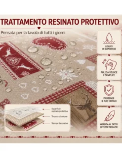 Tovaglia Resinata Antimacchia “Valbadia” Rosso/Beige Shabby Chic, Impermeabile, 80% Cotone, Made in Italy