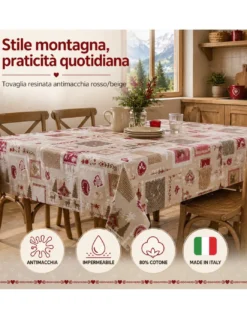 Tovaglia Resinata Antimacchia “Valbadia” Rosso/Beige Shabby Chic, Impermeabile, 80% Cotone, Made in Italy