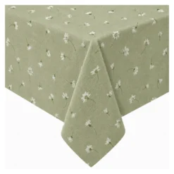 Tovaglia Resinata Antimacchia con Margherite Bianche su Fondo Verde, Impermeabile 80% Cotone Made in Italy