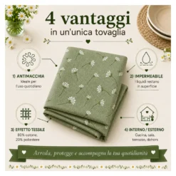 Tovaglia Resinata Antimacchia con Margherite Bianche su Fondo Verde, Impermeabile 80% Cotone Made in Italy