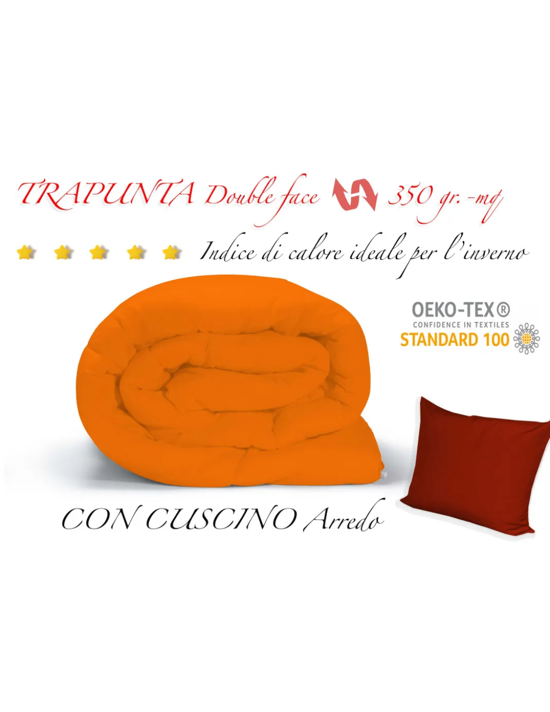 TRAPUNTA BX piumone TINTA UNITA BORDEAUX - ARANCIO double face INVERNALE 350 GR. CON FEDERA ARREDO