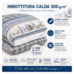 Trapunta Fiocco Bosco d’Inverno Blu, Piumone Invernale 300 g/m² in Microfibra, Made in Italy