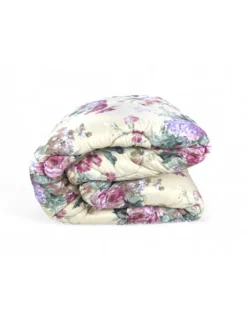 Trapunta Fiocco Sanderson Fiore Fondo Beige Invernale, Piumone Caldo 300 gr/mq, Motivo Floreale Elegante, Made in Italy